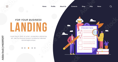 Tiny people doing priorities checklist flat vector illustration. Cartoon characters prioritizing important tasks and making notes. Work planning and management concept