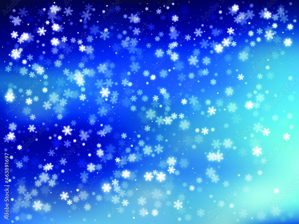 Falling Snow On The Blue Background. Winter background with falling snowflakes. Christmas card backdrop. Vector illustration. Winter snowfall and snowflakes dark blue background. Cold winter 
