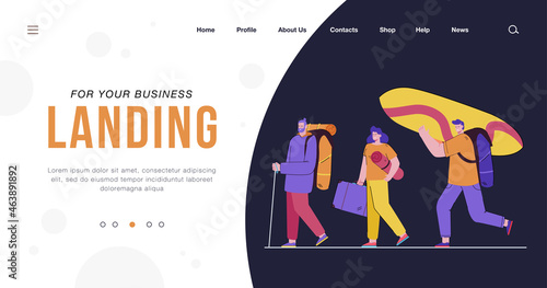 Happy group of tourists walking with suitcases isolated flat vector illustration. Cartoon characters with bags in airport line going to trip. Journey, travel and vacation concept