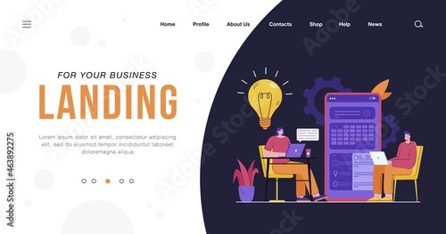 Tiny people chatting and choosing date in app flat vector illustration. Cartoon character using online calendar as dashboard. Appointment and booking application concept