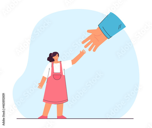 Little girl stretching hand to adult above. Child asking help from somebody who older or more experienced flat vector illustration. Assistance concept for banner, website design or landing web page