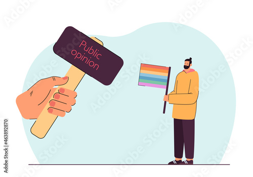 Man with lgbt flag under hammer with public opinion title. Tolerance demand facing society flat vector illustration. Public opinion, social pressure concept for website design, landing web page