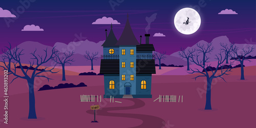 Halloween haunted house landscape wallpaper. Spooky holiday banner vector illustration.
