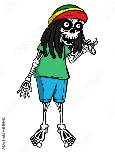 Cartoon Illustration of Skeleton with dreadlocks hair, wearing beanie hat with rastafarian flag colors, standing and smoking marijuana, best for sticker, logo, t-shirt design with reggae music themes photo