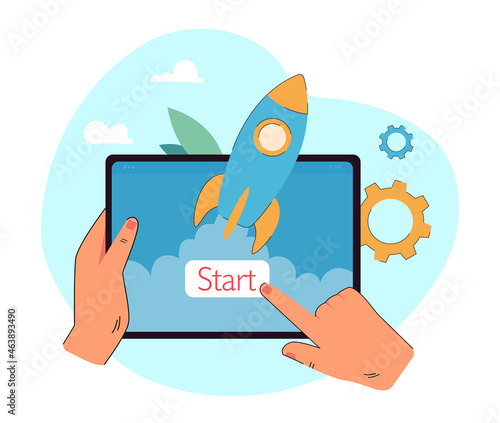 Hands holding tablet with forefinger clicking start button. New application launch flat vector illustration. Interface, technology, startup concept for banner, website design or landing web page
