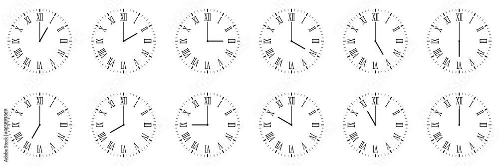 horizontal set of analog clock icon with roman numeral notifying each hour isolated on white - obrazy, fototapety, plakaty 
