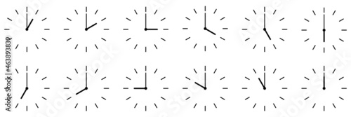 horizontal set of analog clock icon notifying each hour isolated on white