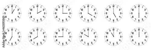 horizontal set of analog clock icon with number notifying each hour isolated on white