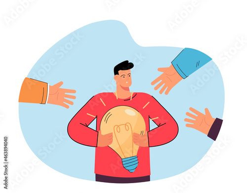 Hands stretching to tiny man with light bulb. Colleagues trying to steal characters idea flat vector illustration. Rivalry at work, plagiarism concept for banner, website design or landing web page