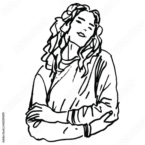 Pretty smiling woman with crossed hands. Portrait of a beautiful lady. Hand drawn linear doodle rough sketch. Black silhouette on white background.