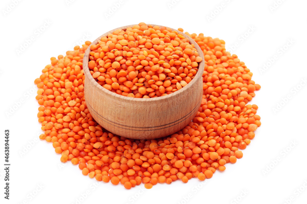 Red lentils with bowl isolated on white background Red lentils with bowl isolated on white background