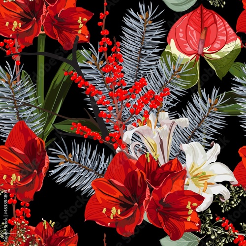 Wide seamless floral background pattern. Red flowers with christmas berries, branches with leaves on black background. Hand drawn.