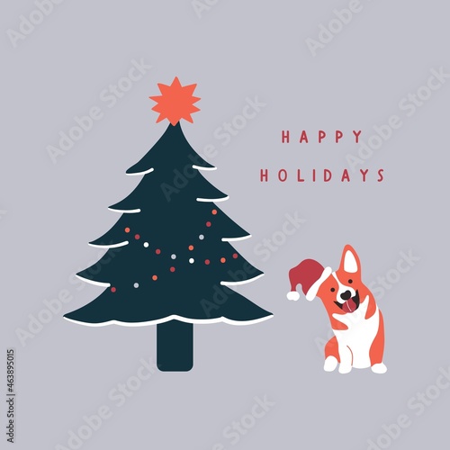 Funny corgi Christmas tree. Abstract cartoon cute corgi dog near the green tree, Christmas New Year vector illustration
