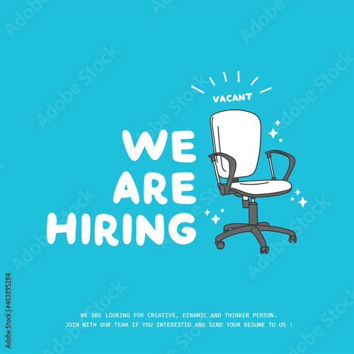 Square job vacancy design banner with office chair illustration. Open recruitment design template. Business recruiting vector illustration with flat style.