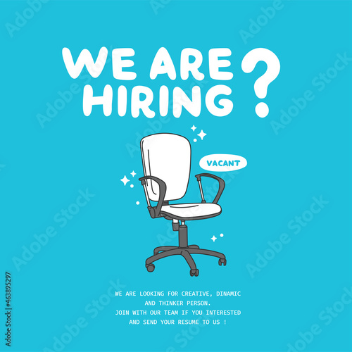 Square job vacancy design banner with office chair illustration. Open recruitment design template. Business recruiting vector illustration with flat style. photo