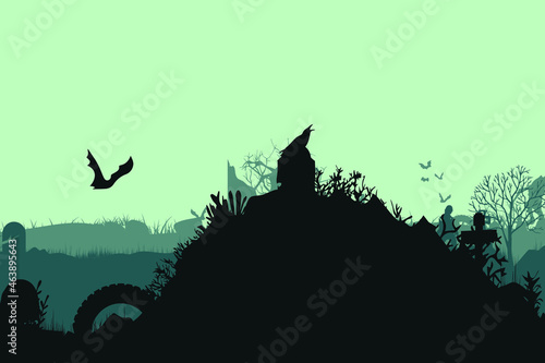 spooky abandoned cemetery with monsters and zombies, bat, night. Vector