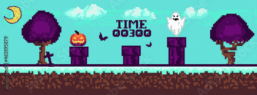 Retro video games, halloween arcade games ghosts, monsters, card background, old computer games.
vector illustration