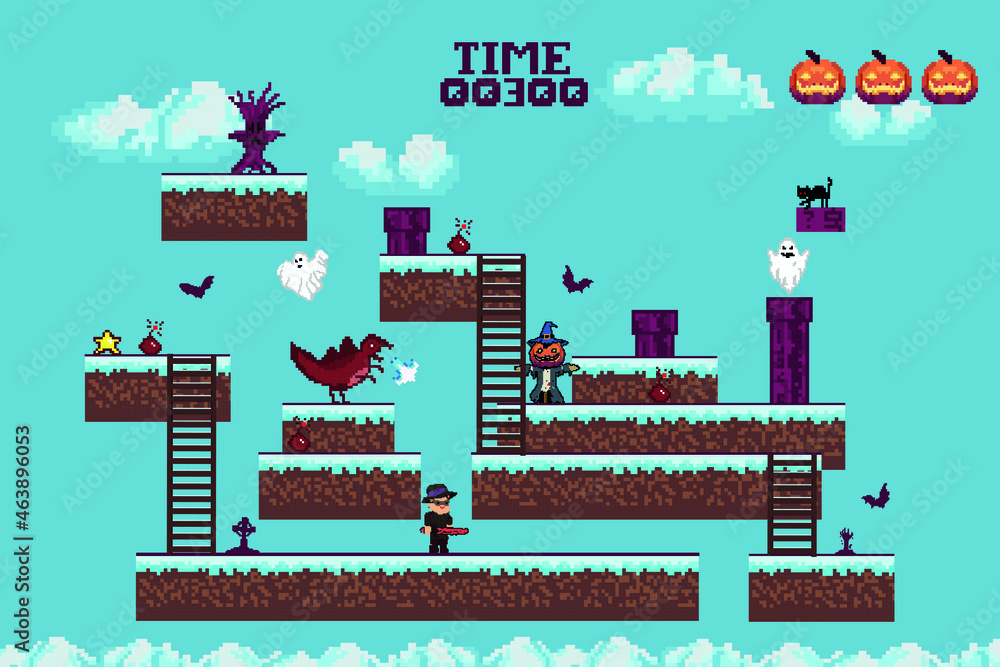 Retro video games, halloween arcade games ghosts, monsters, card