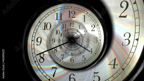 Time and tide wait for no man. Clock's pins rolling pass through the spiral clock dial infinitely. 4k 30fps 300 frames Loop.