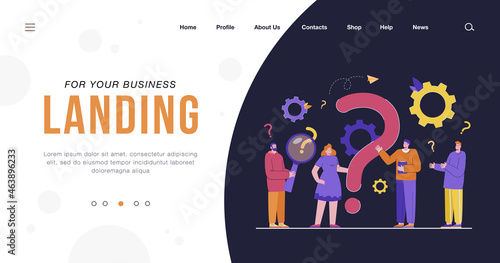 Tiny people asking questions and getting answers isolated flat vector illustration. Cartoon characters standing near huge question mark. Communication and business solution concept