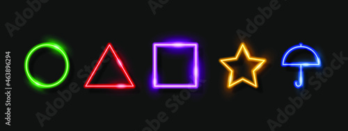 Abstract neon sign. Glowing geometric shapes circle, triangle, square.