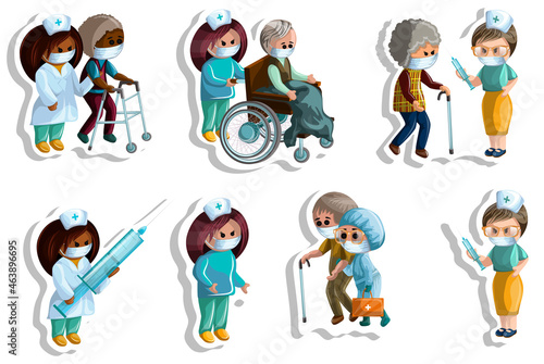 Vector image of stickers of old people who take care of their appearance and health. Medic. Cartoon style. EPS 10 © Ekaterina