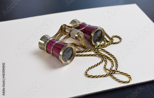 Vintage binoculars. theater binoculars burgundy with gold on a white background