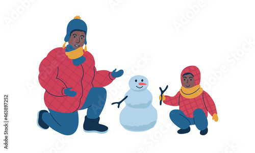 Parent making a snowman together with child during winter time. Isolated vector illustration.