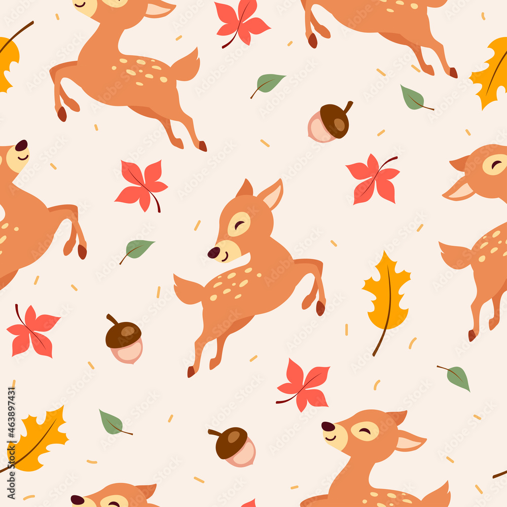 Autumn deer seamless pattern background vector illustration. Fall leaves with cute deer Autumn deer seamless pattern background vector illustration. Fall leaves with cute deer