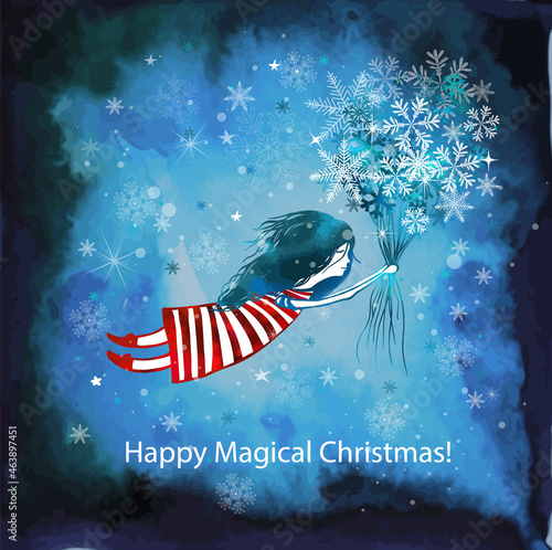 Girl with a bouquet of snowflakes. Christmas card. Vector illustration