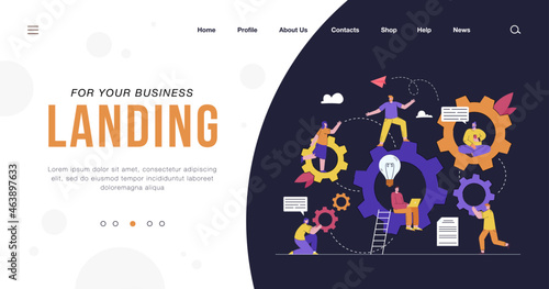 Teamwork and engineering vector illustration. Company staff moving gear mechanism together, using laptop, talking, sitting in cogwheels. For technology, communication concept