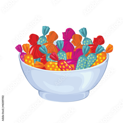 Sweet candies in bowl isolated on white background. Vector illustration of colorful sweets in a flat style.