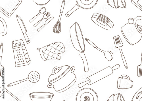 Seamless pattern with kitchen utensils. Cooking tools for home and restaurant.