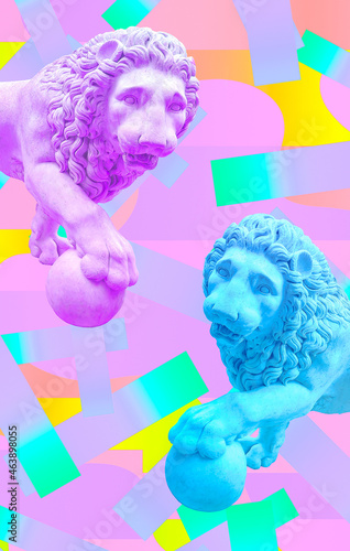 Contemporary minimal collage wallpaper. Antique statue lion in digital geometry space. Back in 80, 90s party. Retro Zine and vapor wave stylish design
