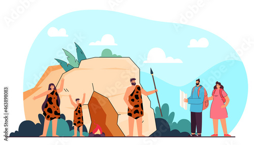 Modern people meetings flat vector illustration. Surprised modern humans meeting native people wearing animal skins. Wildlife, tourism, concept for banner, website design or landing web page