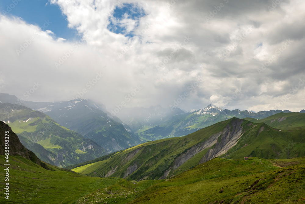 Weisstannen Valley at Foo Pass, along Via Alpina long distance walking trail across Switzerland.