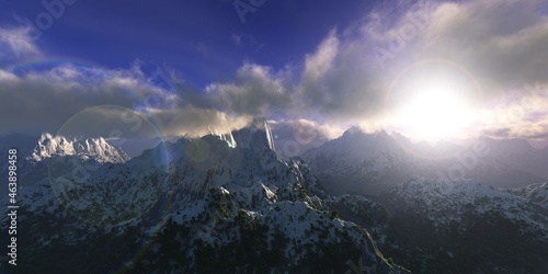 Snowy peaks at sunrise, sunset in the mountains, clouds and snowy mountains in the rays of the sun. , 3d rendering