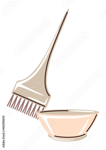 Barber illustration of professional hair coloring brush and container. Hairdressing item.