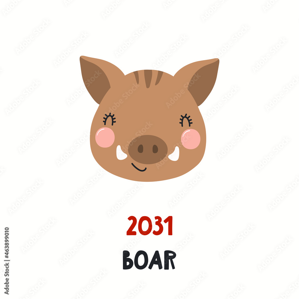 Cute cartoon wild boar face, Asian zodiac sign, astrological symbol, isolated on white. Hand drawn vector illustration. Flat style design. 2031 Japanese New Year card, banner, horoscope element. Cute cartoon wild boar face, Asian zodiac sign, astrological symbol, isolated on white. Hand drawn vector illustration. Flat style design. 2031 Japanese New Year card, banner, horoscope element.