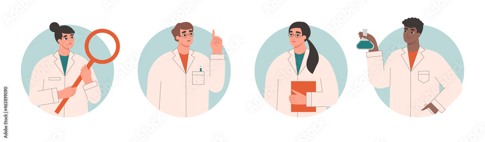 Set of scientists characters. Collection of people working in science, students or medical doctors in uniforms. Research, innovation, discovery concept. Isolated flat vector illustration