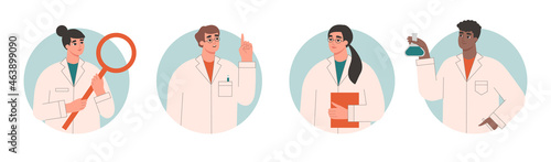 Set of scientists characters. Collection of people working in science, students or medical doctors in uniforms. Research, innovation, discovery concept. Isolated flat vector illustration