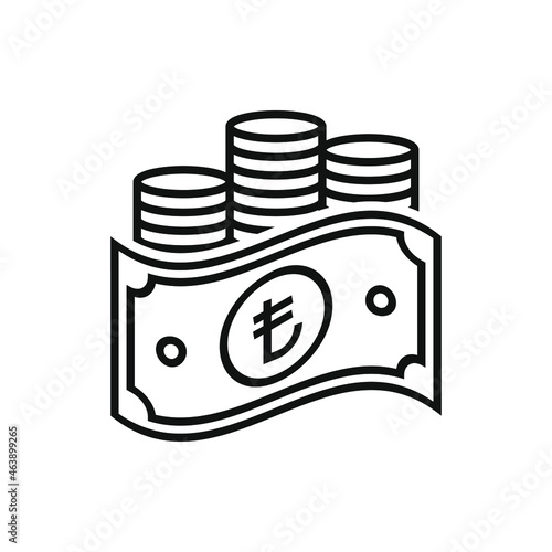 Turkish lira cash and coins. Money icon line style isolated on white background. Vector illustration