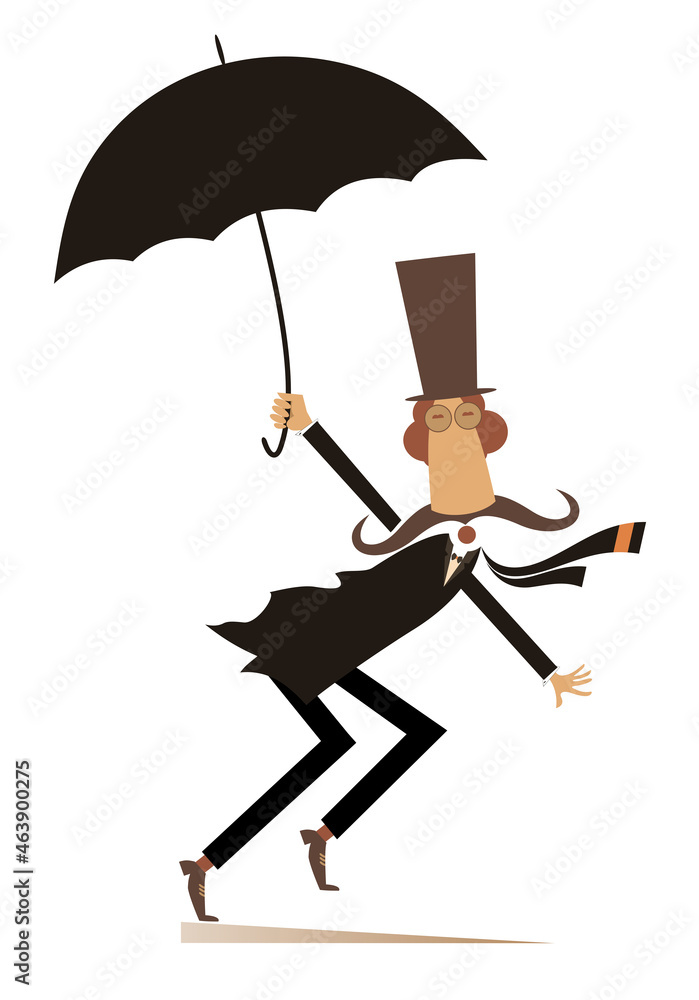 Windy and rainy day and man with umbrella illustration. Funny mustached man in the top holds an umbrella isolated on white Windy and rainy day and man with umbrella illustration. Funny mustached man in the top holds an umbrella isolated on white