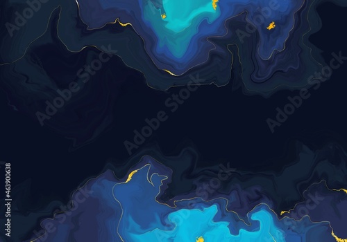 Abstract liquid dark blue with gold marble texture background