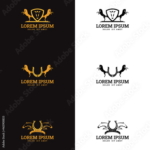 the horse and horseshoe logo. suitable for company logo, print, digital, icon, apps, and other marketing material purpose. horseshoe logo set.