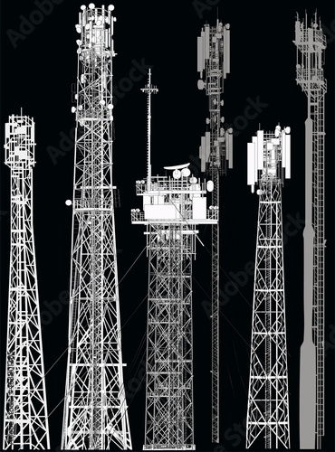 set of six antenna silhouettes on black background