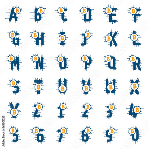 Set of Bitcoin digital network letters and numbers. Technology alphabet vector clip art.