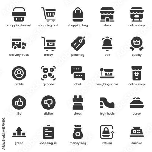 Shopping and Ecommerce icon pack for your website design, logo, app, UI. Shopping and Ecommerce icon glyph design. Vector graphics illustration and editable stroke.