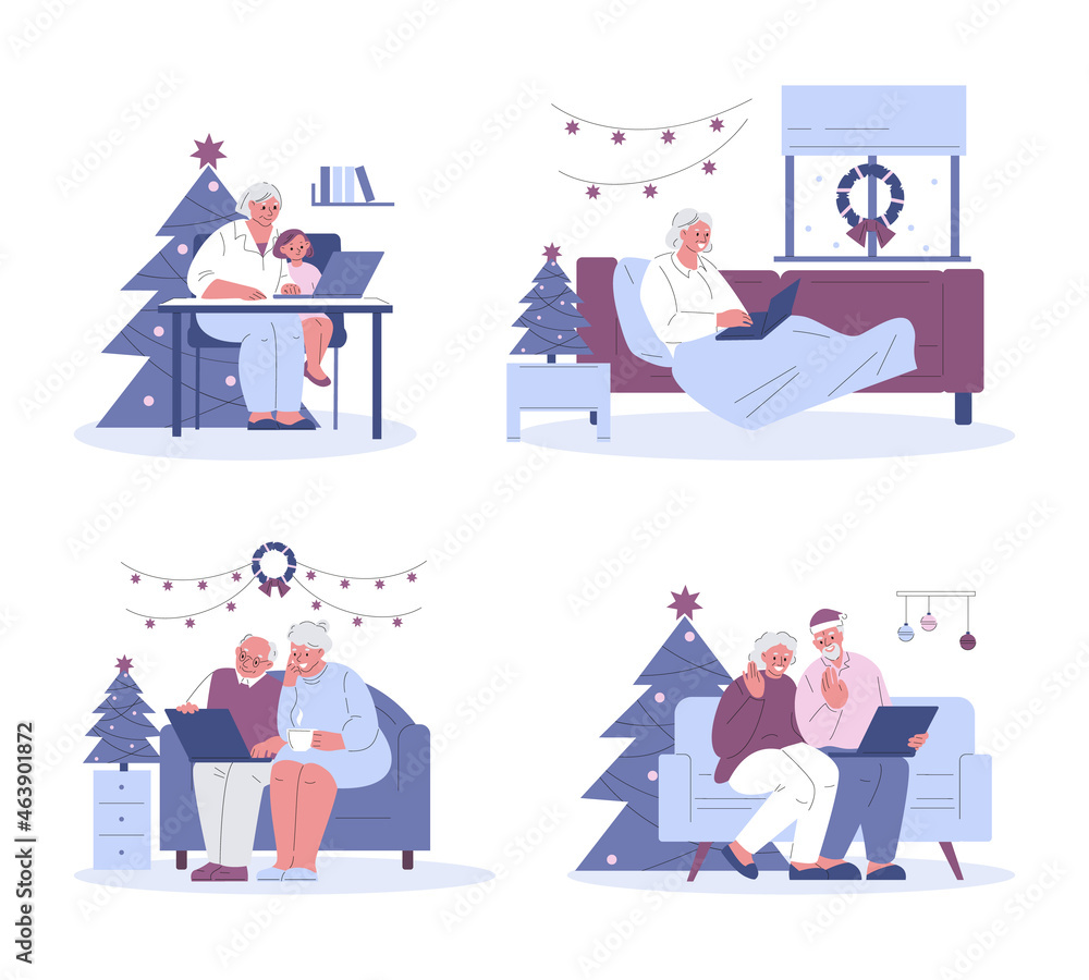 Elderly people with a laptop at Christmas communicate, congratulate. Set of vector illustrations.