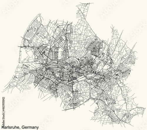 Detailed navigation urban street roads map on vintage beige background of the German regional capital city of Karlsruhe  Germany